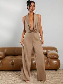 Hauture 垂坠深 V 领水钻链条优雅连身裤 - 卡其色 - 查看 6