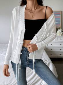 SHEIN LUNE 編織螺旋紮結前開針織外套 - 白色 - 查看 5