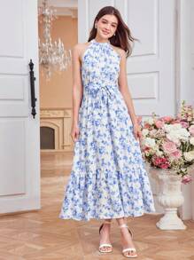 SHEIN Leap Crew DRMZ Váy yếm thắt lưng họa tiết hoa cho bé gái tuổi teen - Xanh và trắng - Xem 8