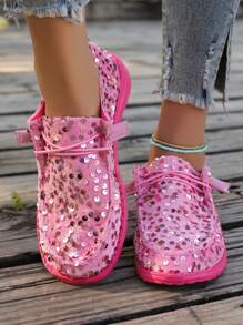 New Arrival Flat Sequin Canvas Shoes, Comfortable Round Toe Fashion Casual Shoes - Hot Pink - View 2