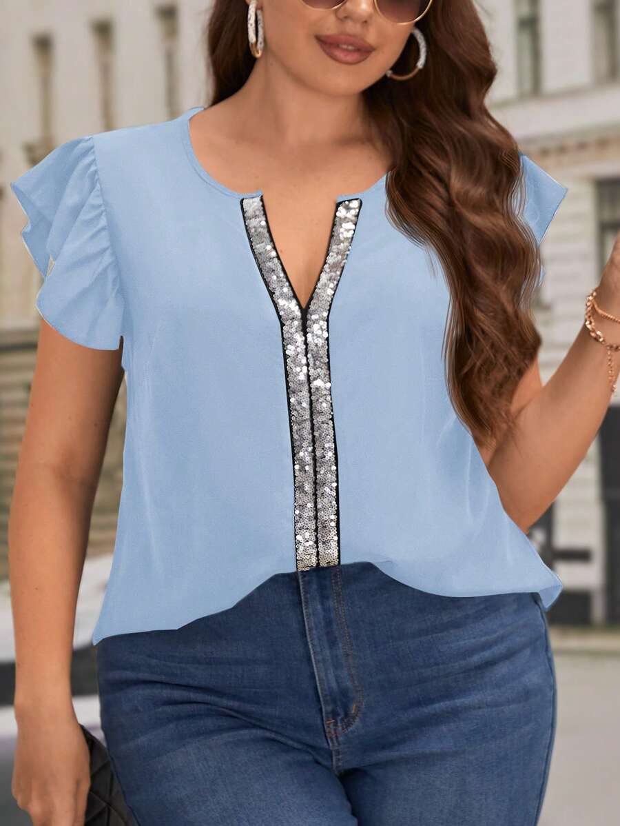 SHEIN Clasi Blusa de manga de mariposa con cuello en V con lentejuelas en contraste en tamaño grande - Azul - Ver 1
