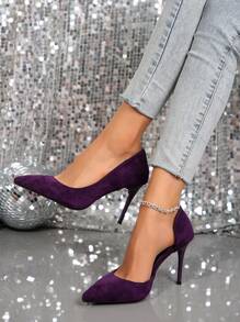 麂皮高跟鞋女性性感尖頭V切深紫色綆豎跟鞋 - 紫色 - 查看 7