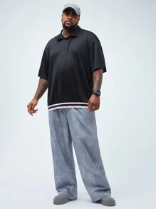 Manfinity VCAY Men's Plus Size Casual Knitted Loose Drop Shoulder Short Sleeve Polo Shirt, Suitable For Summer And Daily Wear - Black - View 6