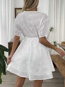 Chiquease Women's Summer Holiday Embroidery Hollow Out Fabric White Bubble Short Sleeve Loose Waist Belted Dress With Tie Neckline