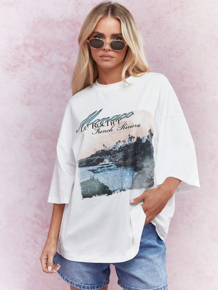 MISSGUIDED Street Summer Monaco Front Print Oversized Drop Shoulder T-Shirt - White - View 1