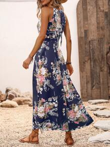 SHEIN VCAY Vacation-Style Floral Print High Slit Halter Neck Dress - Royal Blue - View 2