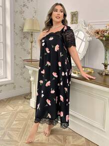 CottageSlumber Plus Size Square Neck Lace Patchwork Long Summer Pajama Night Dress With Bubble Floral Print, Moo Moo - Black - View 5