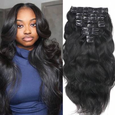 10 st En uppsättning Natural Wave Människohår Clip In Hair Extensions Double Weft Straight Extensions Peruk