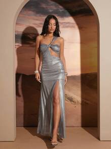 SHEIN Unity Glitter Asymmetric Cut Out Twist Neck Side Slit Dress