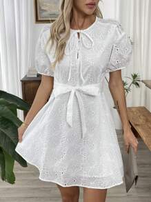 Chiquease Women's Summer Holiday Embroidery Hollow Out Fabric White Bubble Short Sleeve Loose Waist Belted Dress With Tie Neckline