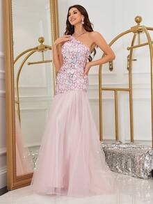 Women One Shoulder Sleeveless Sequin Flower Pattern Mesh Mermaid Hem Evening Party Dress
