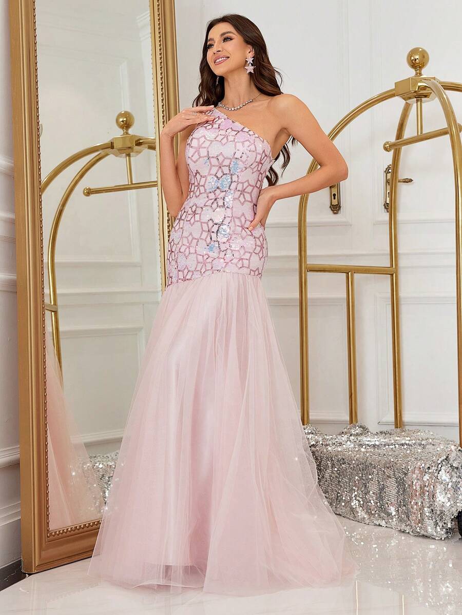 Women One Shoulder Sleeveless Sequin Flower Pattern Mesh Mermaid Hem Evening Party Dress