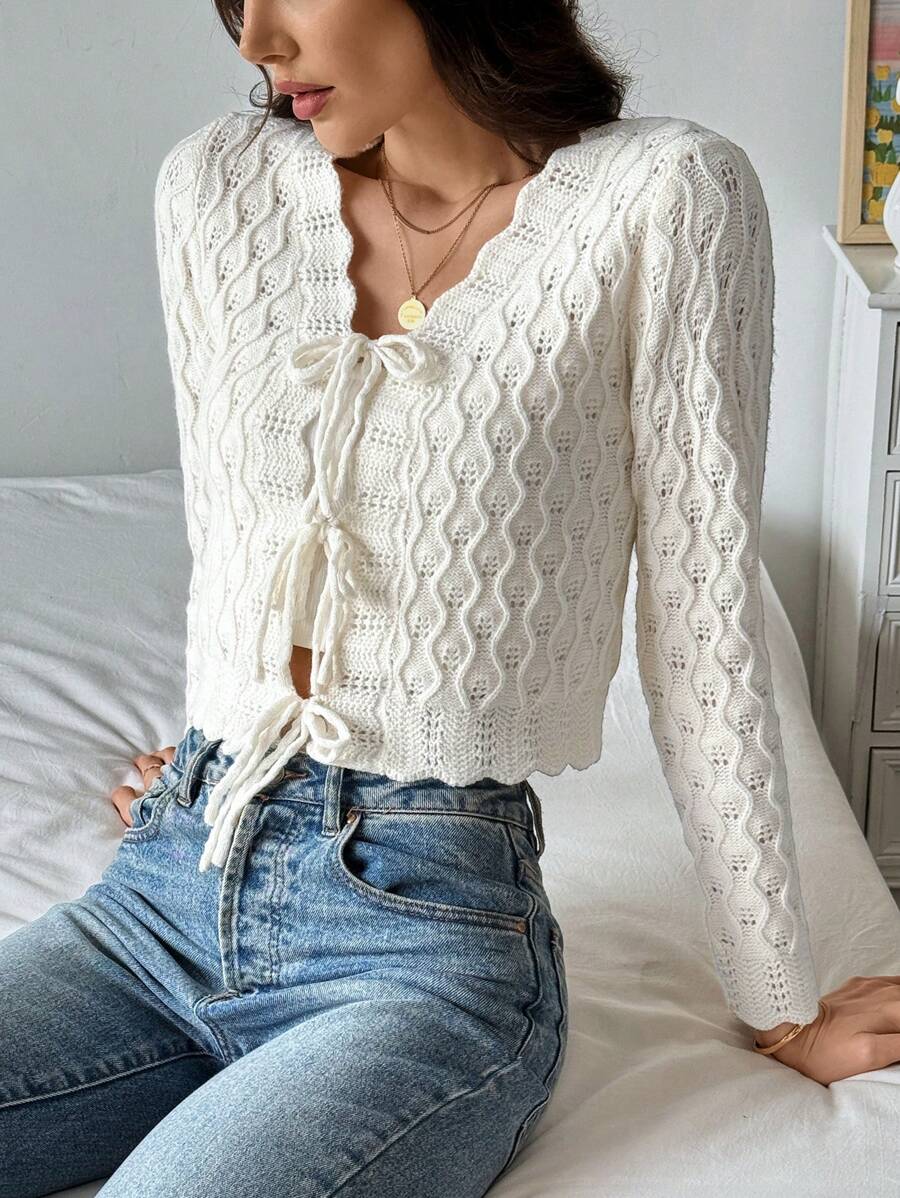 SHEIN LUNE 女士簡約百搭日常風格前系帶針織外套 - 米色 - 查看 1