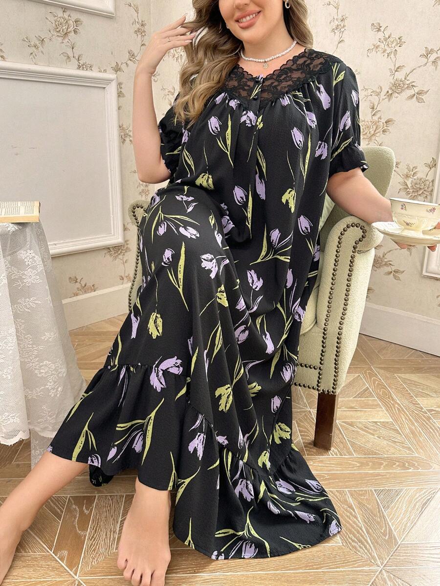 CottageSlumber 大码清新梦幻郁金香泡泡面料长款睡衣裙，Moo Moo - 黑色 - 查看 1