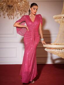 女士正式晚礼服（华丽装饰），优雅长袖舞会礼服，适合婚礼嘉宾、毕业典礼、晚宴 - 玫紅色 - 查看 3