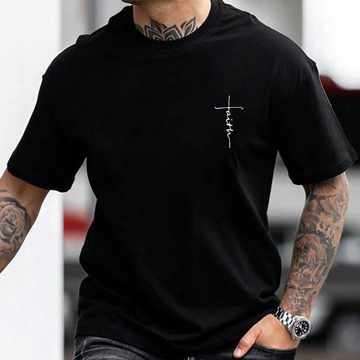 Camiseta informal de verano para hombre de manga corta con estampado de letras y cuello redondo
