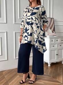EMERY ROSE Plus Geo Print Asymmetrical Hem Top & Wide Leg Pants For Summer,Spring/Vacation - Blue - View 5
