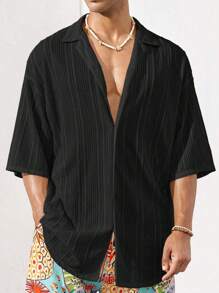 SHEIN X ELOISA & ORSON Manfinity VCAY Camisa hawaiana para hombre, transpirable, básica, de moda, tejida boho y de talla grande para el tiempo libre y las vacaciones en la playa, ropa de playa de verano