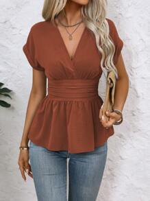 LanaWest Women's Solid Color V-Neck Simple Daily Short Sleeve Shirt Peplum Top - Rust Brown - View 5