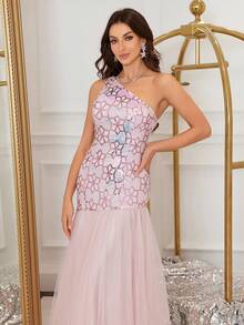 Women One Shoulder Sleeveless Sequin Flower Pattern Mesh Mermaid Hem Evening Party Dress