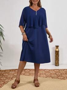 EMERY ROSE Plus Button Front V Neck Solid Overlay Dress For Summer - Navy Blue - View 3