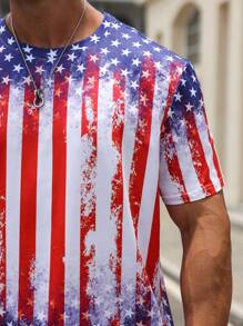 Manfinity LEGND Conjunto de camiseta casual de talla grande para hombre con cuello redondo con estampado de bandera estadounidense de manga corta y pantalones, ropa del 4 de julio