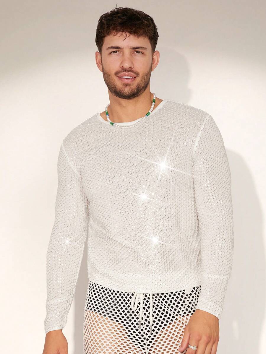 FeverCity Men's Mesh-Lined  Patch Round Collar Long Sleeve T-Shirt - Multicolor - View 1