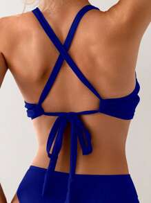 SHEIN Swim Summer Beach Solid Color Halter Neck Backless Swimwear Top - Blue - View 2