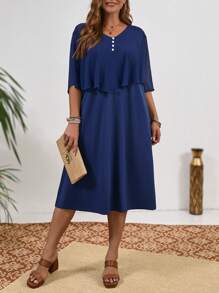 EMERY ROSE Plus Button Front V Neck Solid Overlay Dress For Summer - Navy Blue - View 1