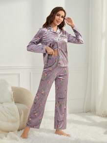 SHEIN Conjunto de pijama casual de 2 piezas de manga larga con estampado floral, compuesto por cardigan y pantalones, para mujer y de juego a juego mamá e hija (se venden por separado 2 conjuntos)
