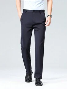 Men's Comfortable Slim-Fit Quality Business Dress Pants, Stretchy Straight Fit, Suitable For Holidays, Daily Wear, Commuting, Events, Weddings And More Occasions, For Fall - 藏蓝色 - 查看 2