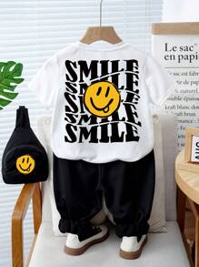 SHEIN Leap Crew 1+1 男婴休闲简约笑脸图案圆领短袖上衣和裤子套装 - 彩色 - 查看 1