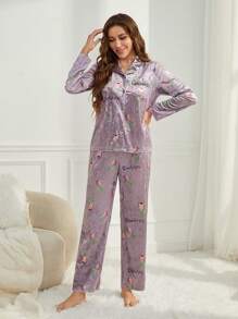SHEIN Conjunto de pijama casual de 2 piezas de manga larga con estampado floral, compuesto por cardigan y pantalones, para mujer y de juego a juego mamá e hija (se venden por separado 2 conjuntos)