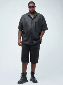 Manfinity VCAY Men's Plus Size Woven PU Leather Loose Drop Shoulder Short Sleeve Shirt, Suitable For Summer And Fashionable - Black - View 5