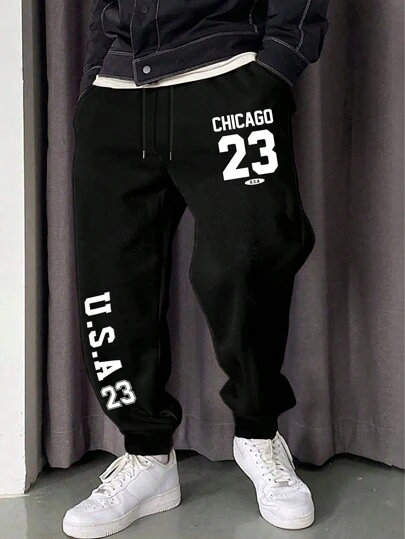 Manfinity Homme 男士加大码字母印花抽绳腰部慢跑裤，弹性袖口，外出慢跑裤黑色运动裤，适合丈夫、男朋友的礼物