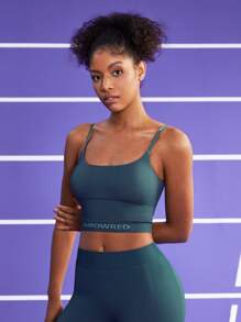 Easithlete Women's Minimalist Sports Bra With Spaghetti Strap And Back Cut-Out, Letter Printed