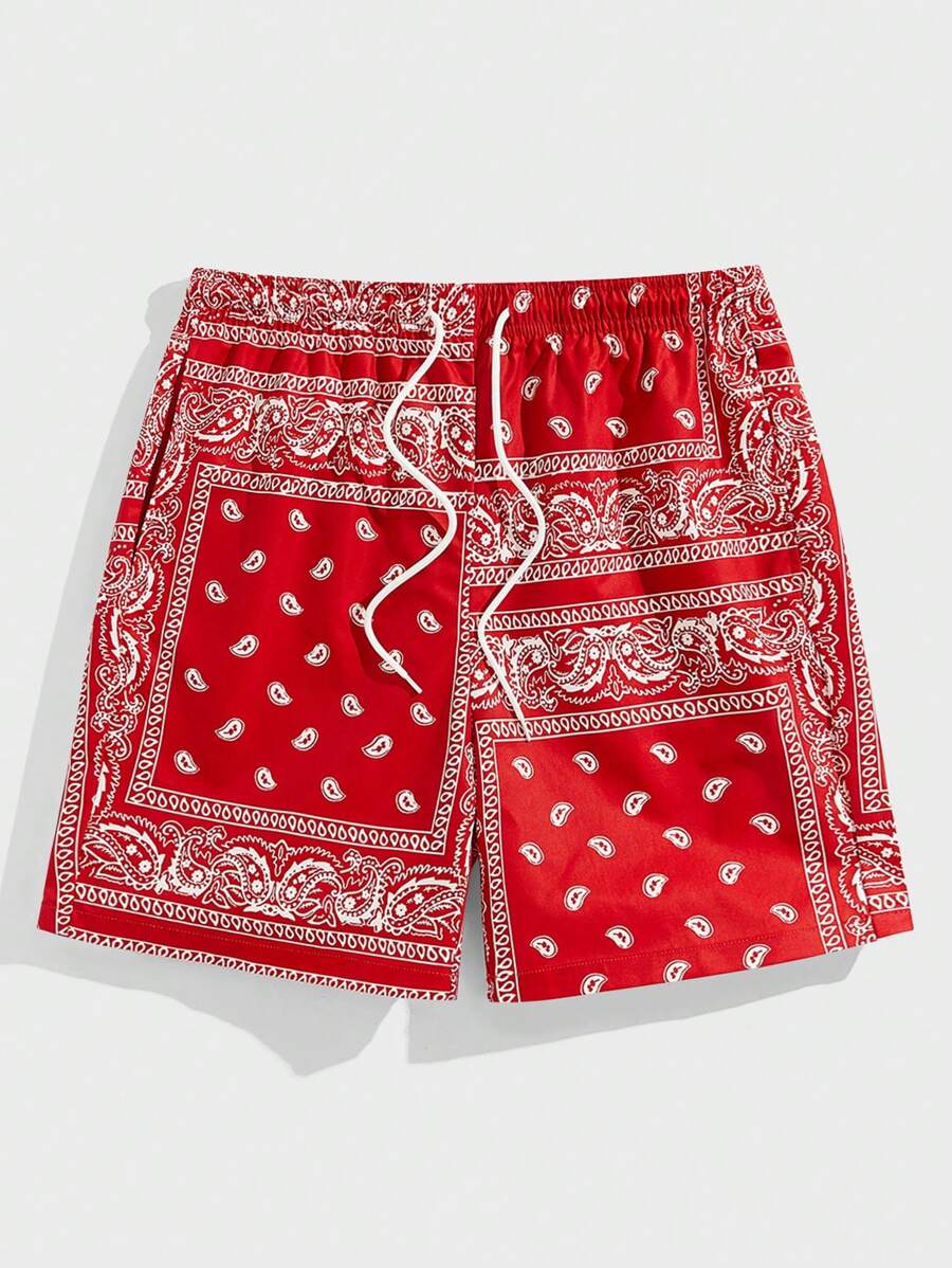 NEON BLANC Quần short thắt lưng có dây rút in họa tiết Paisley dành cho nam ngày lễ bãi biển - Đỏ - Xem 1