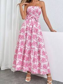 SHEIN Privé 女士優雅花卉印花無肩帶長裙，夏季款 - 彩色 - 查看 6