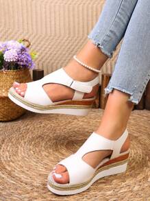 Women's Summer Wedge Sandals, Thick Platform Woven Sole Slip-On Casual Comfortable Adjustable Straps Peep Toe Shoes, White - White - View 3