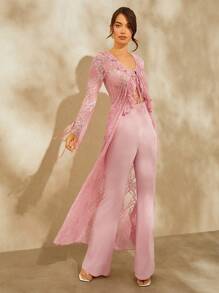 L'Amorae Lace Ruffle Tie Overlay Jumpsuit - Pink - View 7