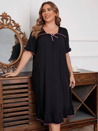Plus Size Black Ruffle Trim Sleep Dress Pajama Dress / Mid-Length Nightgown