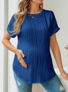 SHEIN Maternity Round Neck Short Sleeve Loose Long T-Shirt, Suitable For Slouchy And Casual Wear In Summer - Royal Blue - View 4