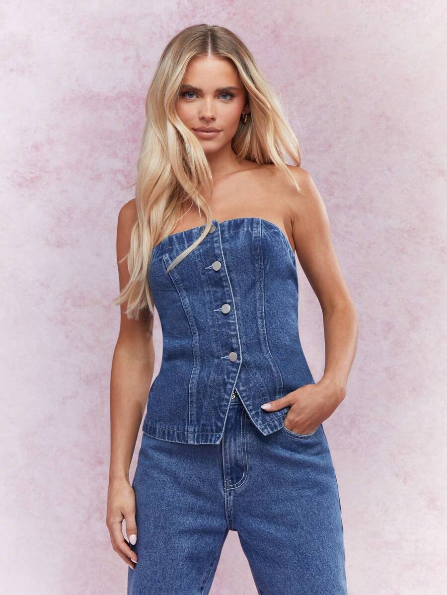 MISSGUIDED 街头纽扣式抹胸牛仔上衣 - 中等水洗藍 - 查看 1