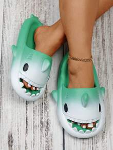 鲨鱼形人字拖鞋，露趾厚底拖鞋，情侣拖鞋，搞笑可爱卡通沙滩人字拖，夏季假日沙滩派对鞋 - 綠色 - 查看 4