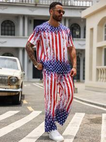 Manfinity LEGND Conjunto de camiseta casual de talla grande para hombre con cuello redondo con estampado de bandera estadounidense de manga corta y pantalones, ropa del 4 de julio