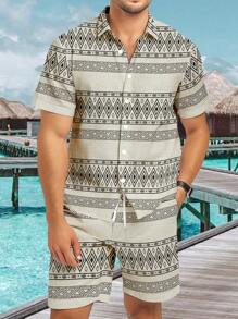 Manfinity Homme Set de camiseta de manga corta y shorts estampados simples para hombres