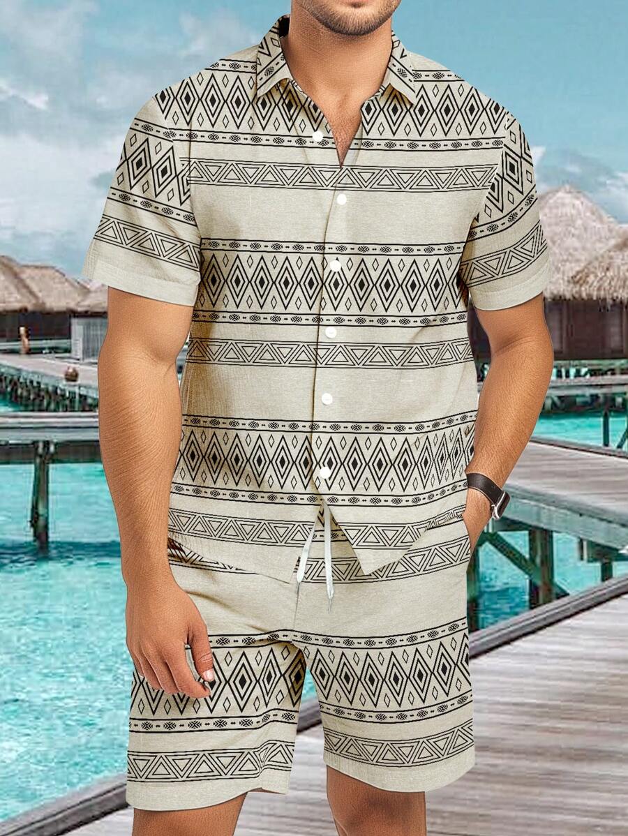 Manfinity Homme Set de camiseta de manga corta y shorts estampados simples para hombres