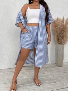 SHEIN VCAY Bộ áo sơ mi sọc dài và quần short kỳ nghỉ Plus Size - Xanh và trắng - Xem 7