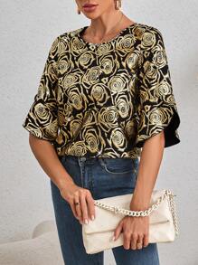 SHEIN Clasi Round Neck Asymmetrical Short Sleeve Loose Shirt With Puff Sleeves And Gold Printing - Gold - View 4