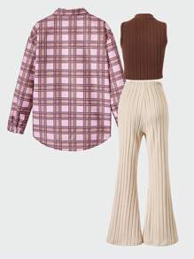 SHEIN Explorewe 少女休闲街头风美式学院风格子衬衫、背心和喇叭裤套装，3件套/2件套 - 彩色 - 查看 2